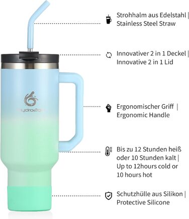 Термокухоль Hydro2Go з трубочкою – BPA-free, придатна для миття в посудомийній машині – 10 годин гарячого/12 годин холодного – 1200 мл, Lagoon