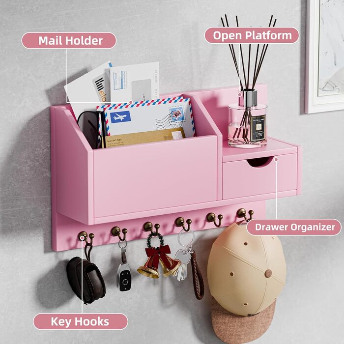 Настінна органайзер для ключів з 6 гачками та шухлядою, дерев'яний, для дому, офісу, прихожої (білий, рожевий)