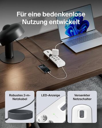 Мережевий фільтр Belkin з 8 розетками, захистом від перенапруги та USB-портами (2.4A), 2 м кабелю, для дому та офісу