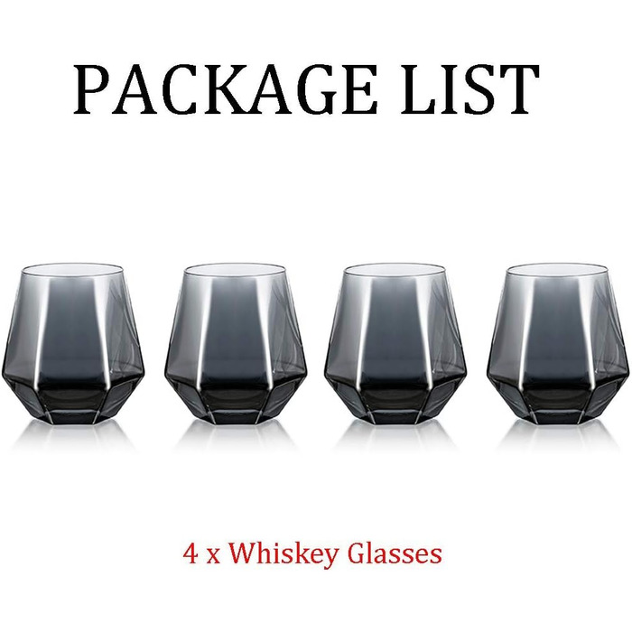 Diamond Whisky Glasses 4-Piece Set, Tilted Scotch Glasses, 300 Ml, Modern Look for Men, Women, Dad, Husband, Friends, Glassware for Bourbon/Rum/Bar Tumbler, Smoke Grey 4