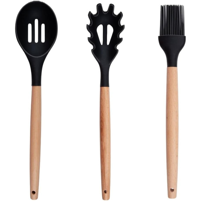 Набір кухонних аксесуарів Alpina 7 предметів з поворотним підставкою – кухонні інструменти, силіконовий набір посуду для приготування їжі (чорний)