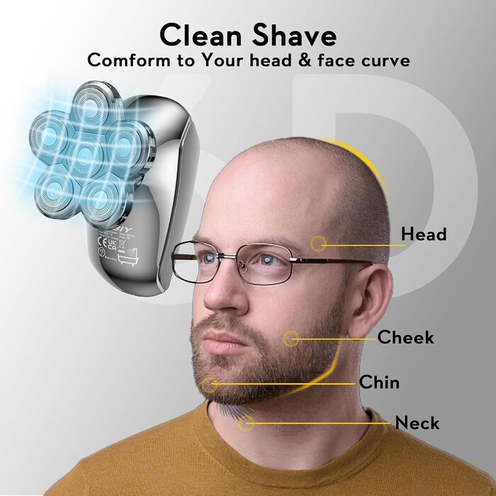Електричний гостроювач для голови чоловічий Kibiy з 6 змінними головками, IPX7 водонепроникний, LED-дисплей, зарядка Type-C (замінна головка 6D)