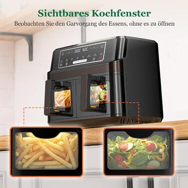 Аерофритюрниця подвійна 10л з оглядовим вікном Heißluftfritteuse 2600W, 8 в 1, сенсорне управління, до 200°C