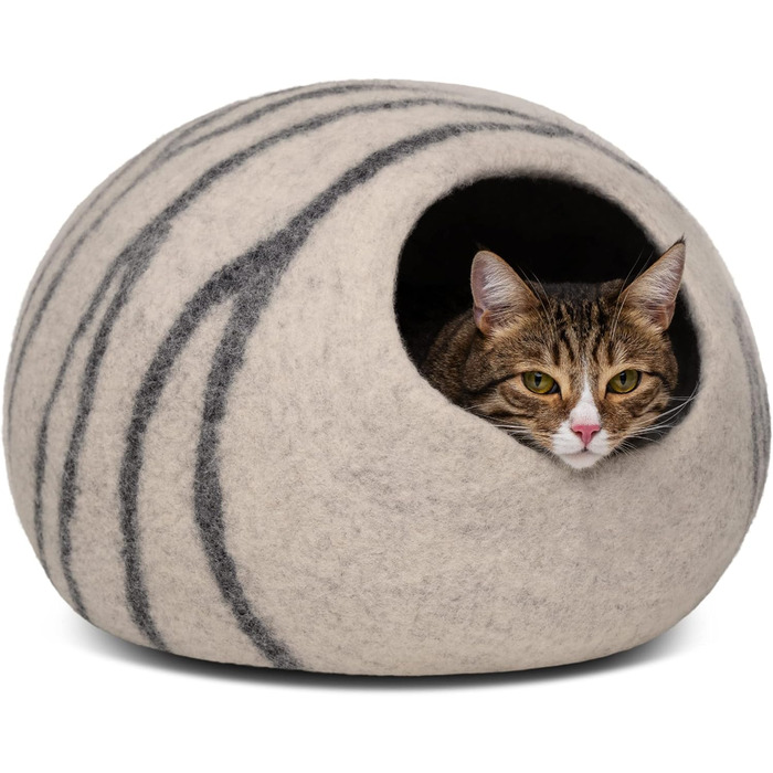 Квіткове ліжко для котів Meowfia – затишна печера з 100% мериносової вовни (L, світло-сірий)