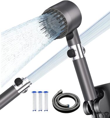 Фільтр для душу з високим тиском, ручна лійка з шлангом, 4 режими, економія води, видаляє хлор та бактерії (DY-001, сірий з сріблястим)