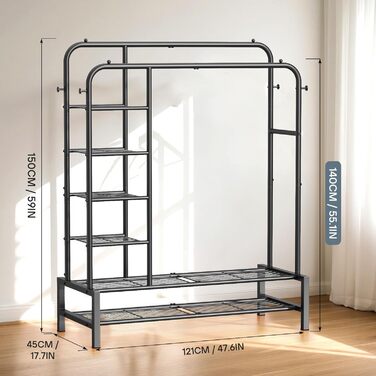 Вішалка для одягу в спальню та вітальню, подвійна, чорна - міцна конструкція 100 кг, з полицями для зберігання