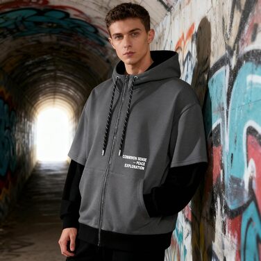 Чоловіча толстовка з капюшоном RUIZEHONG з блискавкою, спортивна куртка, блокований колір, повсякденний стиль, з кишенями, білий, чорний (сірий, чорний, L)