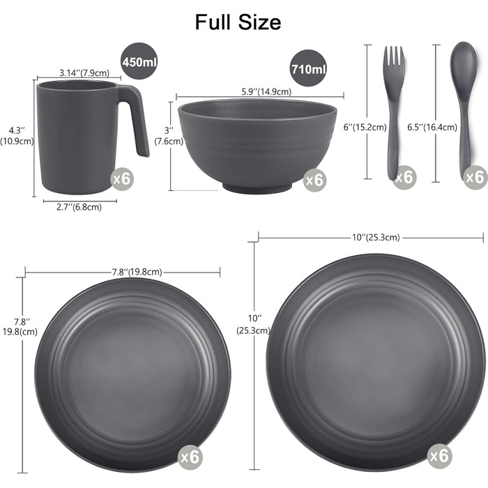 Набір посуду з PP | Легкий та незламний сервіз з 16 предметів для дітей та дорослих, 4 тарілки, 4 десертні тарілки, 4 миски, 4 чашки (сірий)