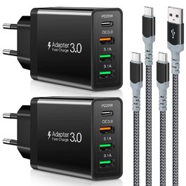 Зарядний пристрій Acezeek USB-C 35W 4-порти + 2x USB-C кабелі 60W 6.6ft для Samsung, LG, Google Pixel, планшетів (Чорний)