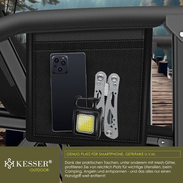 Кресlo для кемпінгу KESSER® розкладне, до 160 кг | Зручне рибальське крісло з підлокітниками, кишенею для напоїв та світлом | Чорний колір