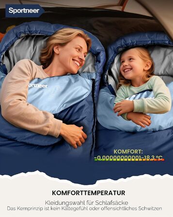 Спальний мішок Sportneer для дорослих та дітей, всесезонний (3-4 сезони), теплий та легкий для кемпінгу, походів та туризму, 220x80 см, темно-блакитний/світло-блакитний, 2 кг