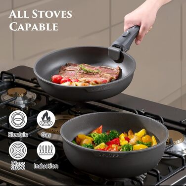 Набір посуду JEETEE 20 предметів з антипригарним титановим покриттям та знімною ручкою, для індукційних плит, з кришками, сірий