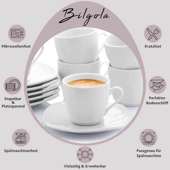 Singer | Espresso Cups Bilgola 12-Piece Set, Porcelain Coffee Cups Set for 6 People, Dishwasher-Safe Cups with Saucers, Moka Cups Set Cups & Saucers White | 100 ml | PREMIUM COLLECTION Espresso Cups 12-Piece Set