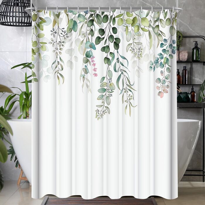 Штора для душу 200x200 см, зелені листки, антигрибкова, водовідштовхувальна, текстильна, поліестер, з кільцями (12 шт.) для ванної кімнати