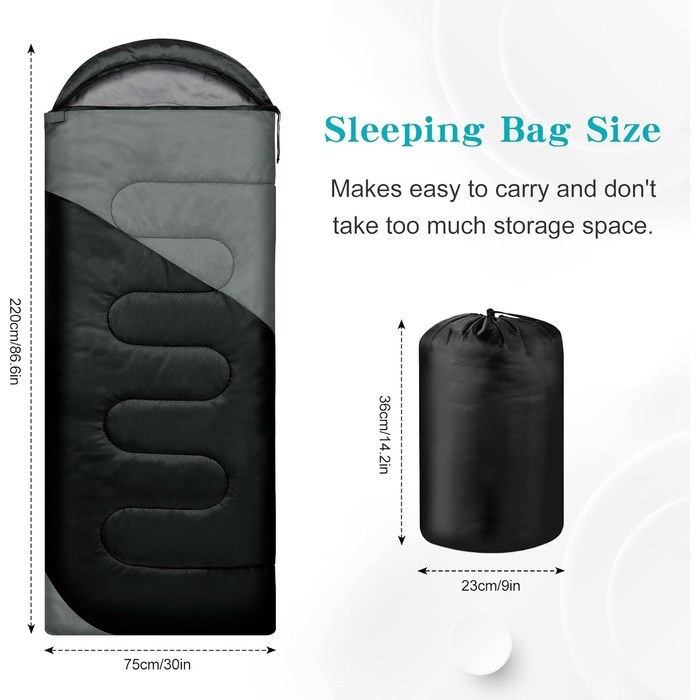 Спальний мішок 3-4 сезони, для дорослих та дітей, теплий та м'який, для кемпінгу, туризму (чорний+сірий)