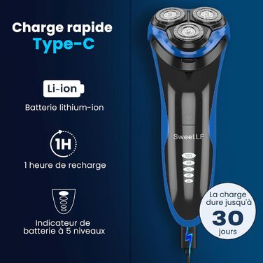 Електричний верстат для гоління SweetLF [2023 Neu] для чоловіків з 3D-поворотною головкою, LED-дисплеєм, IPX7 водонепроникністю та зарядним пристроєм (3 леза + 1 швидка зарядка, чорно-синій)
