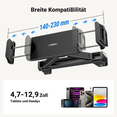 Утримувач для планшета UGREEN в авто, 360° обертання, регульований, універсальний, сумісний з 4.7-12.9 дюймів