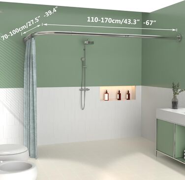 Штанга для душу L-подібна, розсувна, 62–94 x 141–174 см, з 16 кільцями, чорна (Silver Upgrade-version)