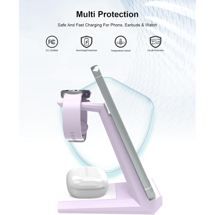 Зарядна станція NANAMI 3-в-1 для Samsung Galaxy Watch, Buds та смартфонів (S25, S24, S23) - бездротова, індукційна, фіолетова