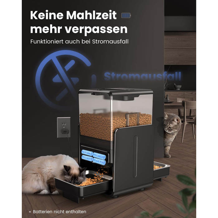 Автомат годівлі для котів з керуванням через додаток, для 2 котів, регульована висота, 2 миски, 5 л, з функцією запису голосу та таймером