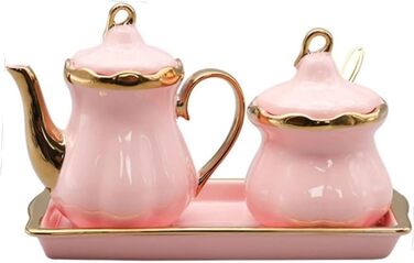 Ceramic Milk Pitcher and Sugar Bowl Set, Sugar Container, Milk Canister with Tray, Spice Jar with Lid and Spoon, Creamer, Coffee Service Set for Home, Cafe, Bar (Pink)