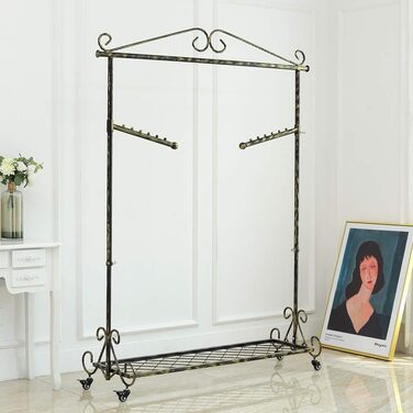 Clothes Rack Clothes Rail Coat Rack with Shoe Storage, Width 136cm, Vintage Style Metal Height Adjustable from 126 to 200 cm (Bronze Black with Wheels)