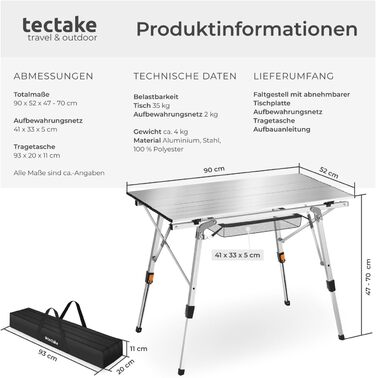 Складаний туристичний стіл Tectake® з алюмінію, 90 x 52 см, срібний. Регульована висота, водостійкий, з сумкою