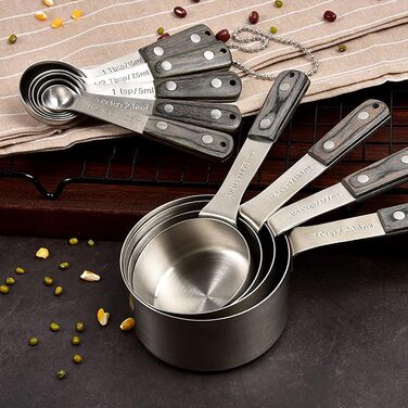 9-Piece Measuring Cup Set with Hanging Handles, Measuring Spoons, Coffee Spoons, Stainless Steel, Non-Toxic, Professional Kitchen Measuring Set for Cooking and Baking.