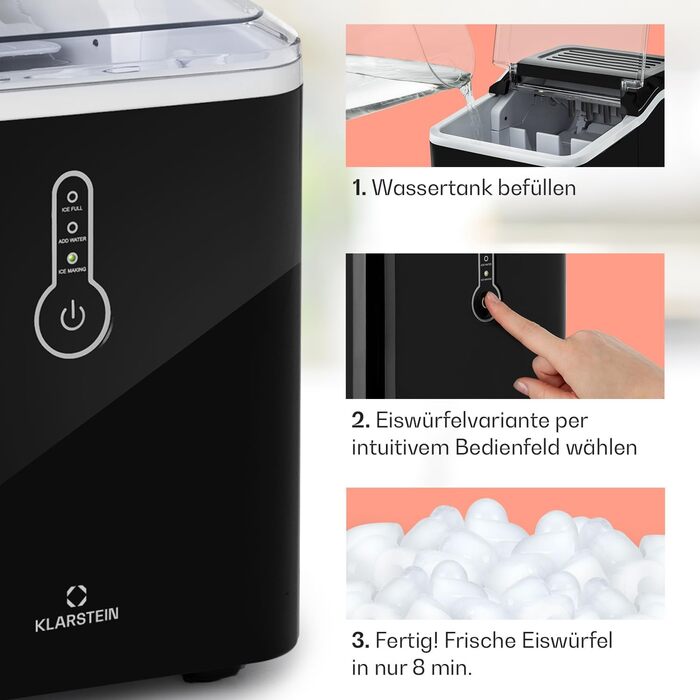 Машина для приготування льоду Klarstein Eiswürfelmaschine Klein - 12 кг/24 год, LED-дисплей, портативна, з лопаткою, для вечірок (Чорний)