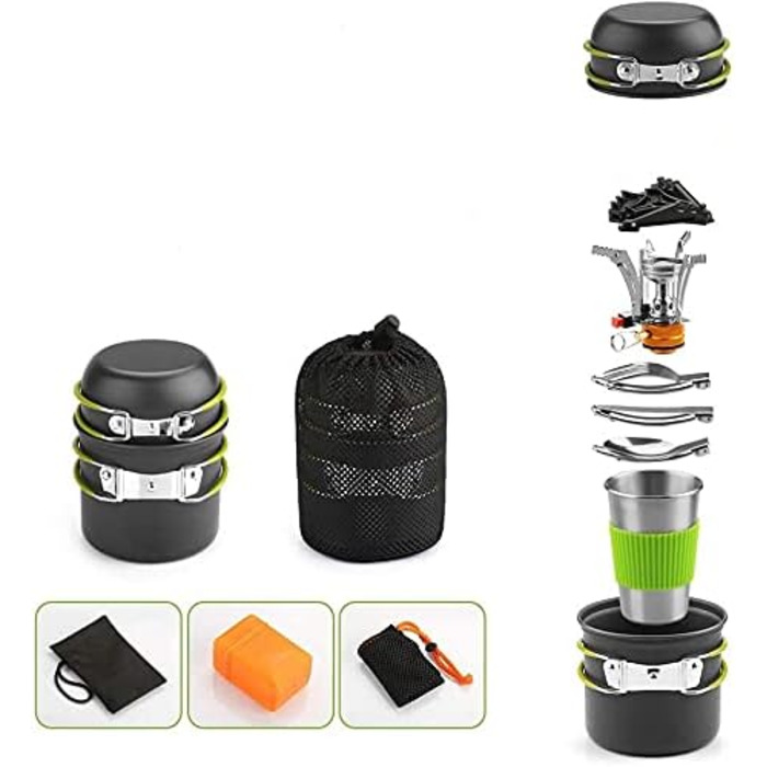 Набір посуду Defacto Camping 9-ти частинний: каструлі, столові прибори, міні-плитка для картриджів