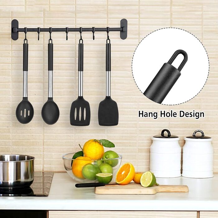 Silicone Spatula and Spoon Set, 4-Piece Silicone Kitchen Utensils Cooking Utensil Set with Stainless Steel Handle, Non-Stick Heat-Resistant Black Cooking Utensil Set, Healthy, Dishwasher Safe