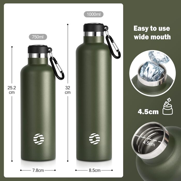 FEIJIAN FJbottle 316 Stainless Steel Vacuum Insulated Water Bottle 750ml/1000ml with Carabiner, BPA-Free Bottles, Leak-Proof Sports Bottle for Sports, Work, and Travel (1000 ml, Dark Green)