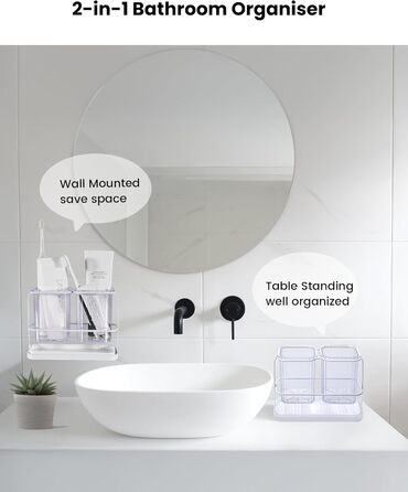 KONE Toothbrush Holder, Wall Mount, Bathroom, Hanging Electric Toothbrush Holder with 2 Removable Compartments, Drainage, Dry and Wet Separation for Bathroom, Kitchen, Family (white)