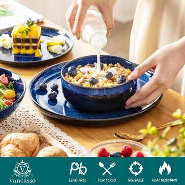 Vancasso Starry 24-Piece Blue Stoneware Dinnerware Set for 6 - Complete Tableware Set with Plates, Bowls