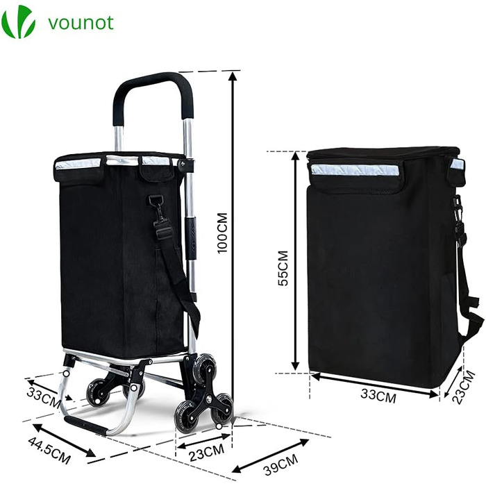 Тролей для покупок Vounot з алюмінію, для підйому сходами, складаний, з 6 колесами та відділенням для охолодження, водовідштовхувальний, 58L, чорний