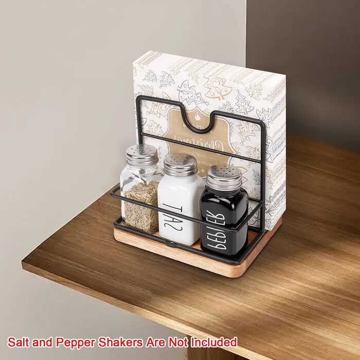 Livabber Napkin Holder, Metal Napkin Storage with Salt and Pepper Shakers, Caddy, Modern Napkin Dispenser for Table, Kitchen, Countertop, Salt and Pepper Shakers (Midwood, Black)