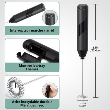 Електричний пінощікач для молока USB, перезаряджуваний, з нержавіючої сталі, 3 швидкості, для кави, капучино, лате, гарячого шоколаду (Чорний)