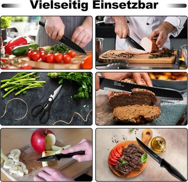 Набір ножів Joyfair 15 предметів з підставкою, з високоякісної нержавіючої сталі, з точильним каменем, кухонний набір з кухонним ножем, ножем для хліба, ножицями та ножами для нарізки та подрібнення, чорний