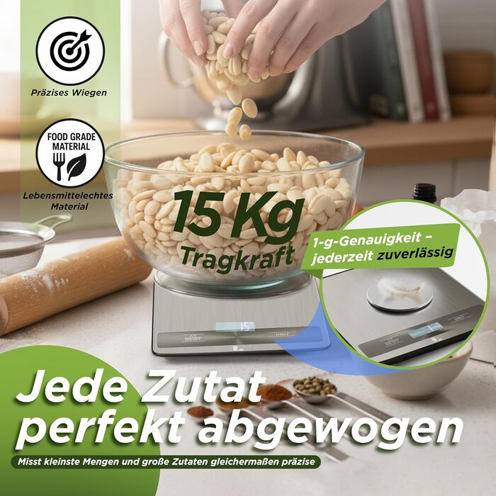 Кухонні електронні ваги LUNARIA Premium до 15 кг, високоточні ваги для продуктів із нержавіючої сталі та пластику, LCD-дисплей, багатофункціональні одиниці виміру (г/кг/унція/фунт/мл)