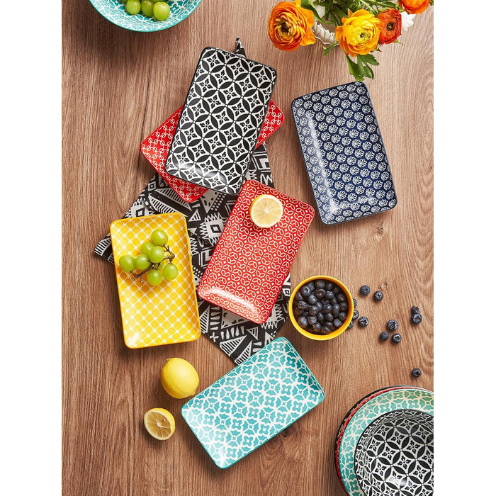 DOWAN Сервірна таця 6-ти місна - Bone China, прямокутна, 20.5 см - для закусок, суші, фруктів, салату, десерту. Можливе використання в мікрохвильовій печі, духовці, миєвій машині. Багатобарвна