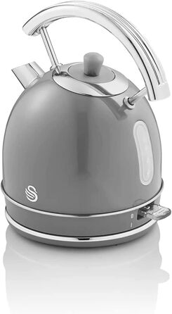 Swan Retro Electric Kettle - 1.8L, Vintage Design, Automatic Shut-Off, Cordless, BPA-Free Stainless Steel, 3000W, Grey