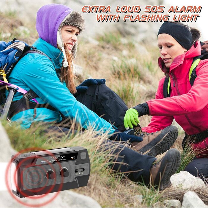 Сонячне радіо YIKANWEN AM/FM з ручкою, USB, акумулятор 4000mAh, для кемпінгу та подорожей (червоний, чорний)