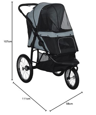 Візок для собак та котів PawHut - складаний, до 20 кг, з великими колесами, з килимком та сіткою, сірий