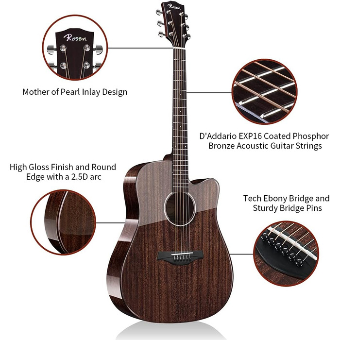 Акустична гітара Rosen G31 Dreadnought Black з махагоні, 41 дюйм, Cutaway, стартовий набір