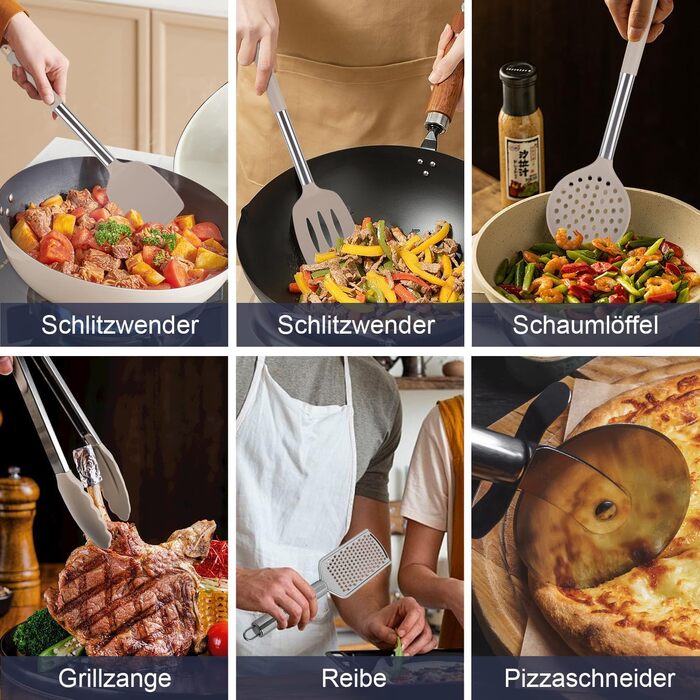 Набір кухонних аксесуарів 45 шт. з нержавіючої сталі: лопатки, ложки, скребки. Ідеальний для кухонного начиння та подарунків. (Хакі, 2)
