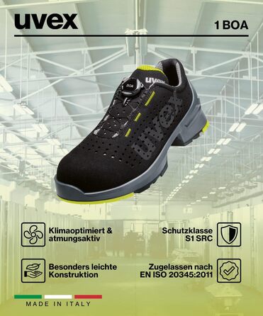 Робочі черевики Uvex 1 BOA S1 SRC, напівчеревики, легкі, чорно-лаймові, 40 EU (для жінок та чоловіків)