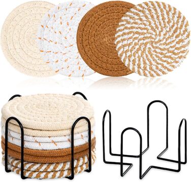 Absorbent Coasters for Drinks – Boho Coaster Set for Coffee Table – Stylish Natural Material, Home Decor, Colorful Cup Coasters with Holder, 10.9 inches, Light Coffee