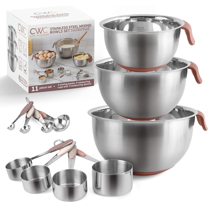 Набір місок для змішування Cook With Color з нержавіючої сталі та мірних склянок, 11 шт. (Рожевий)