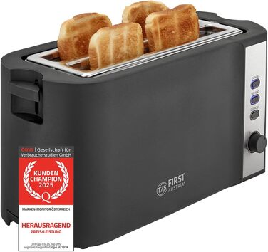 Тостер TZS First Austria 4-х секційний з довгим прорізом | 6 ступенів підсмажування, функція розморожування та підігріву | Підігрівач булочок, піддон для крихт | Чорний/Нержавіюча сталь