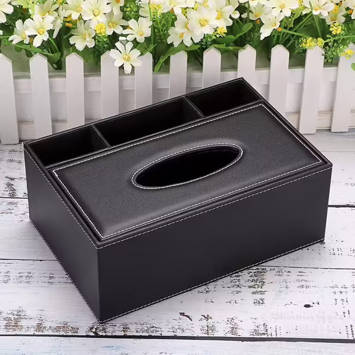 BSTKEY PU Leather Household Office Rectangular Tissue Box with Remote Storage Box - Elegant and stylish tissue holder for home desk storage box, Black